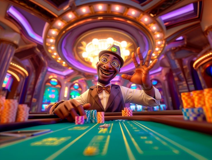 Visual pengguna memainkan game casino dengan latar belakang ungu neon